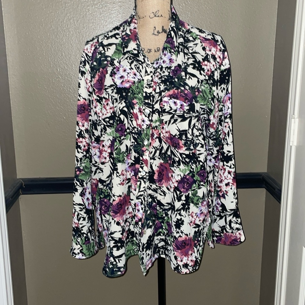 J Jill XL Petite floral long sleeve button down tunic length blouse